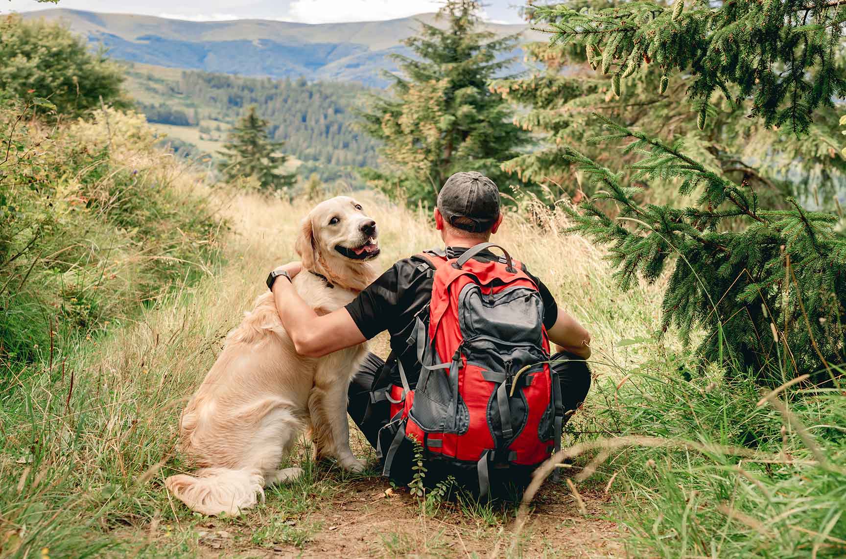 man-sitting-backwards-mountain-trekking-trail-golden-retriever-dog